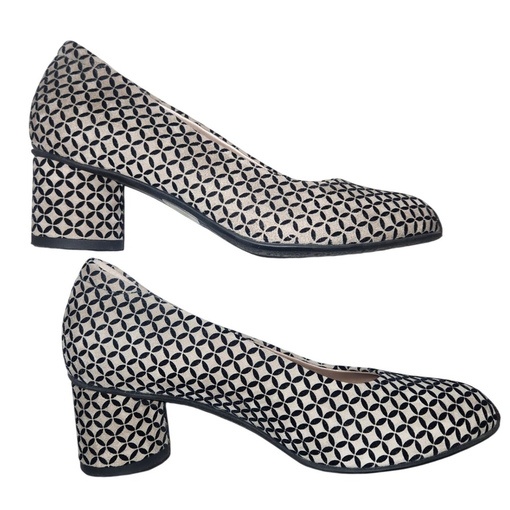 BeautiFeel Women 37 Beige Black Geometric Print Leather Block Heel Pumps 5008